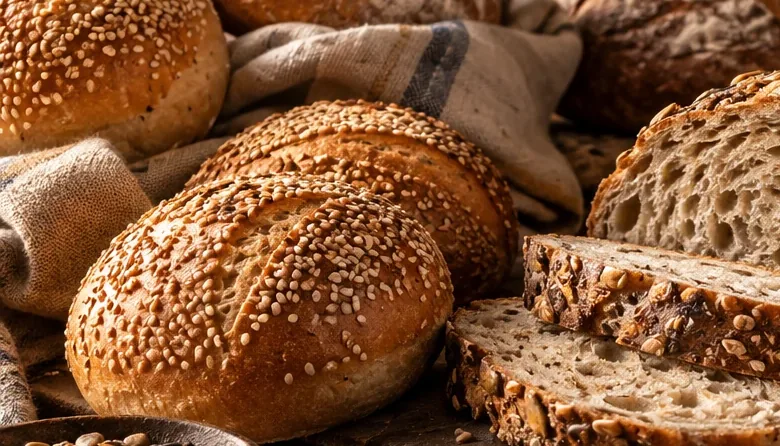 Goldbraune Sesambrötchen auf einem Leinentuch