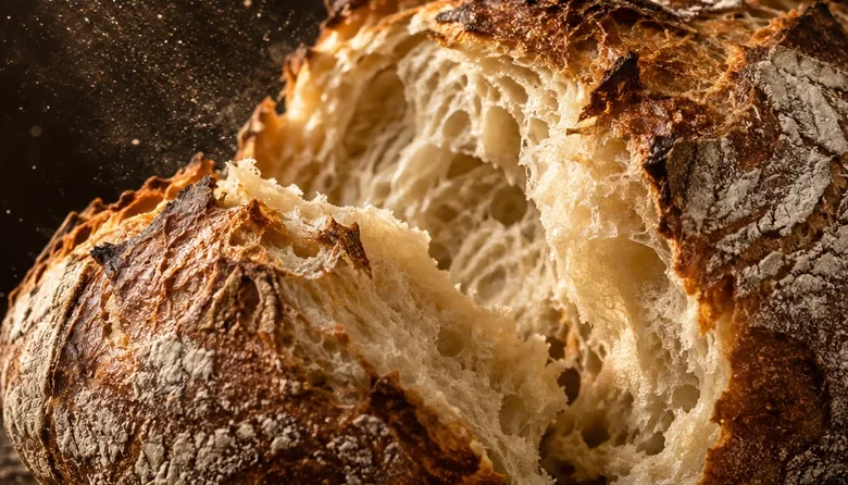 Knuspriges Hausbrot mit aufgerissener Kruste und luftiger Krume