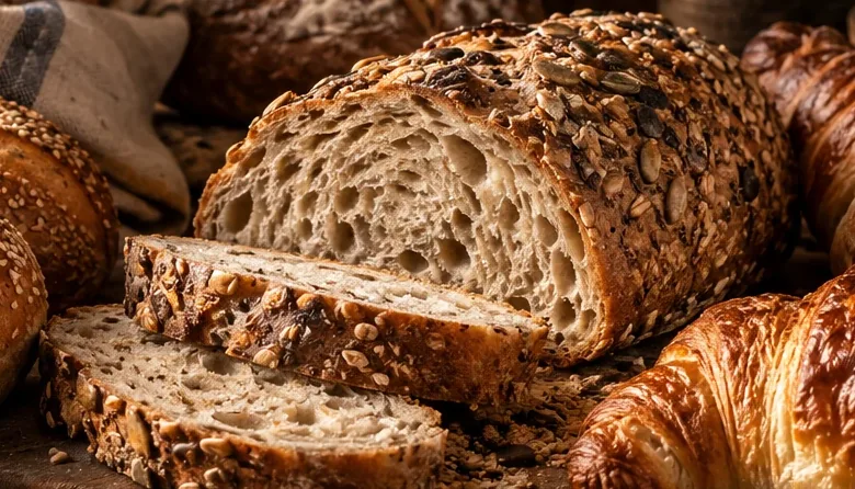 Angeschnittenes Körnerbrot mit Kürbiskernen und Saaten