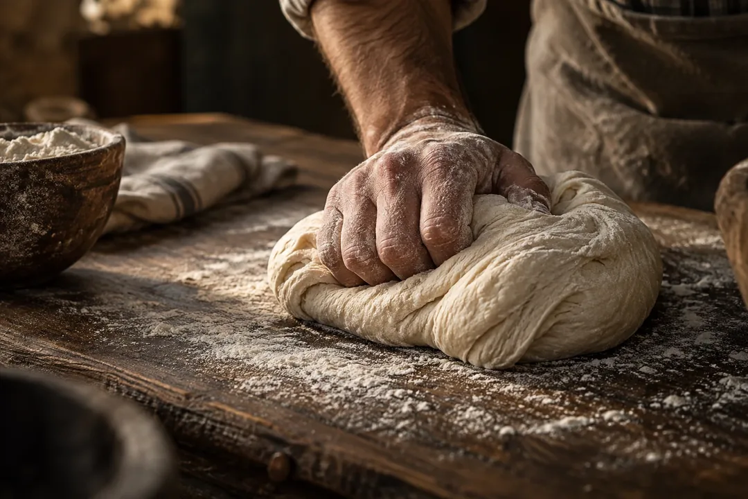 Frischer Sauerteig wird auf einer bemehlten Holzfläche von Hand geknetet