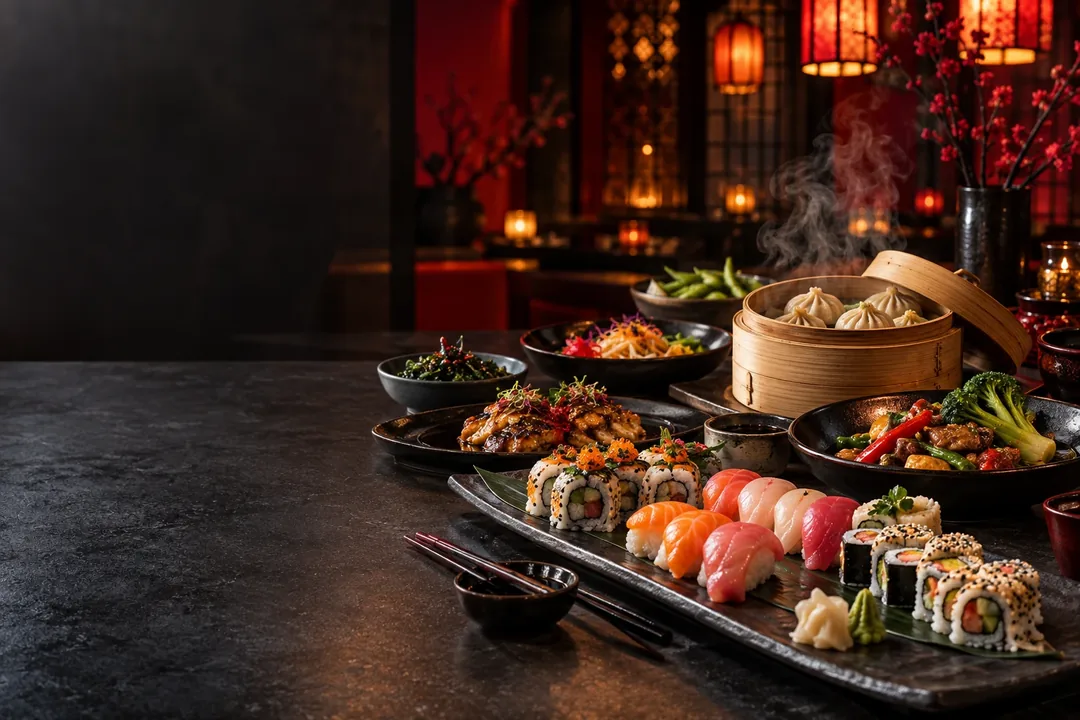 Sushi, Dumplings und asiatische Köstlichkeiten auf einer stimmungsvollen Tafel