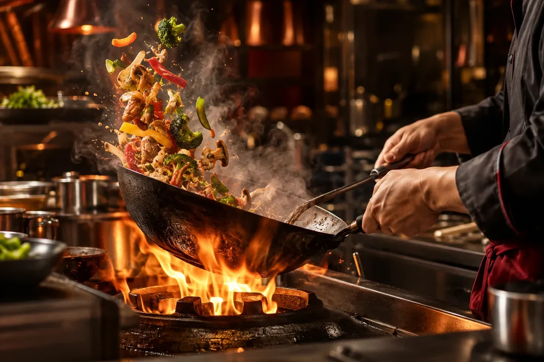 Frisches Gemüse und asiatische Zutaten werden im heißen Wok geschwenkt